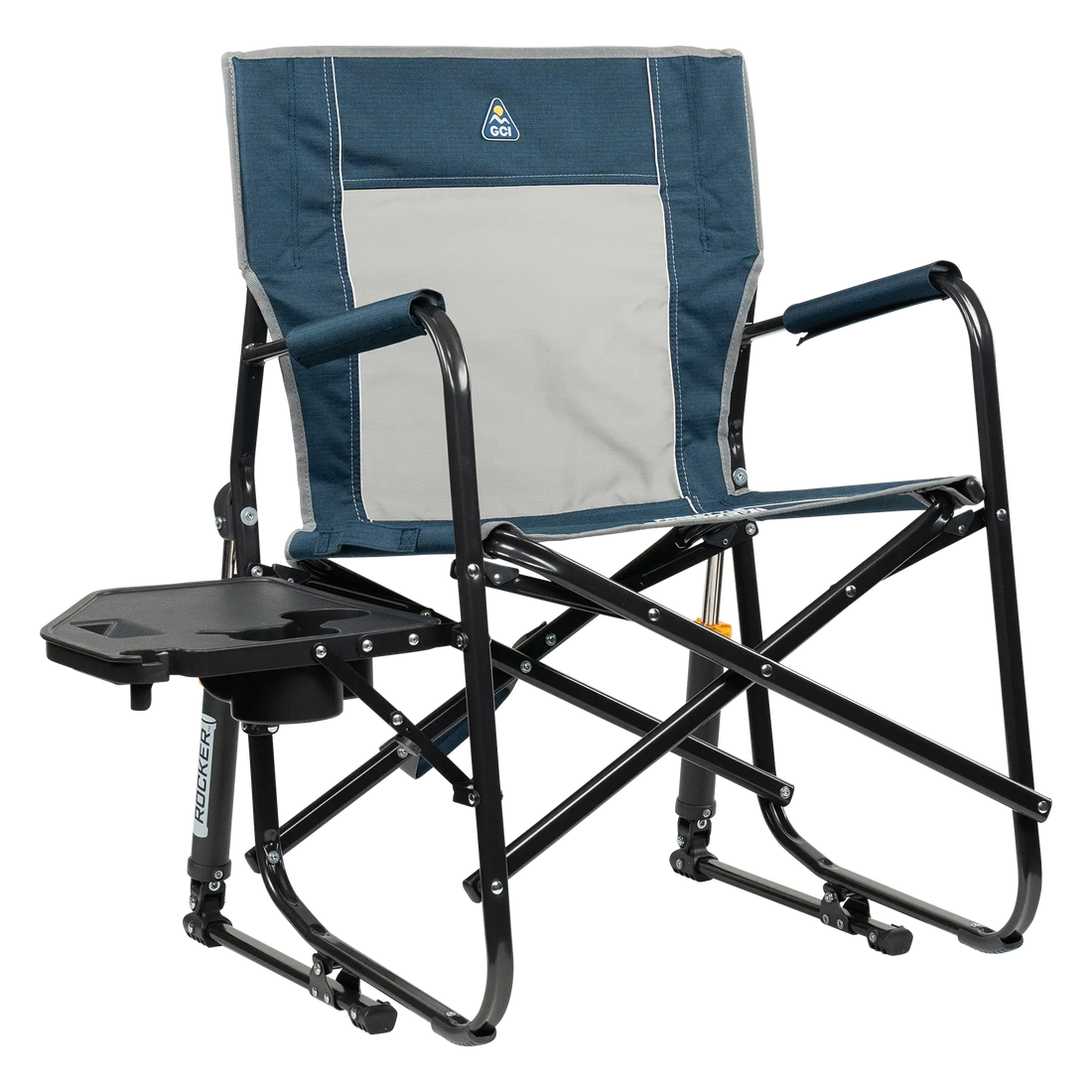 Heavy-Duty Freestyle Freestyle Rocker with Side Table - Choice 853 - Patented Spring-Action Rocking Chair for Camping - Heathered Indigo