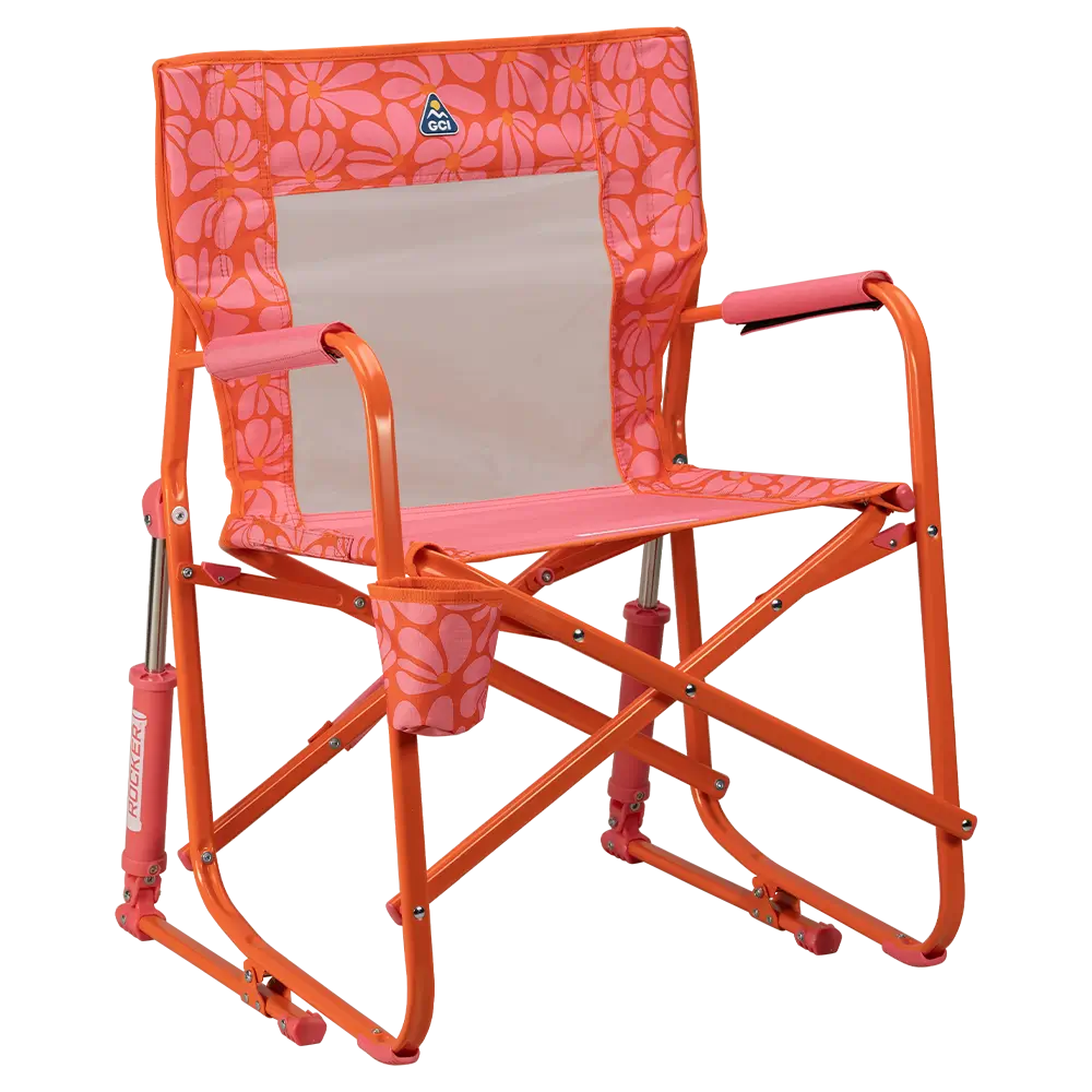 Luxury Camp Freestyle Rocker - Choice 711 - Heavy-Duty Kickback Rocker with Beverage Holder - Pink/Orange