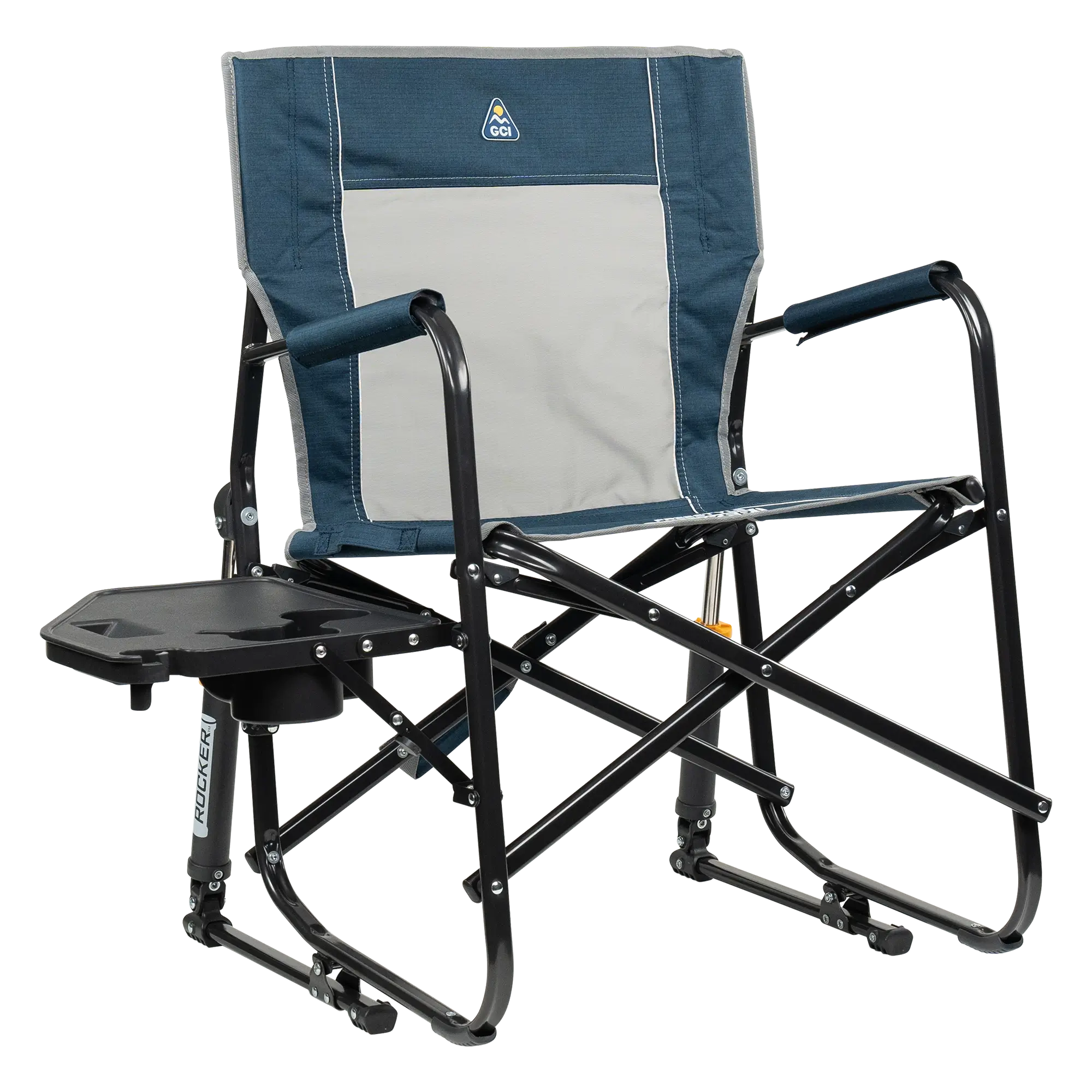 Heavy-Duty Freestyle Freestyle Rocker with Side Table - Choice 853 - Patented Spring-Action Rocking Chair for Camping - Heathered Indigo