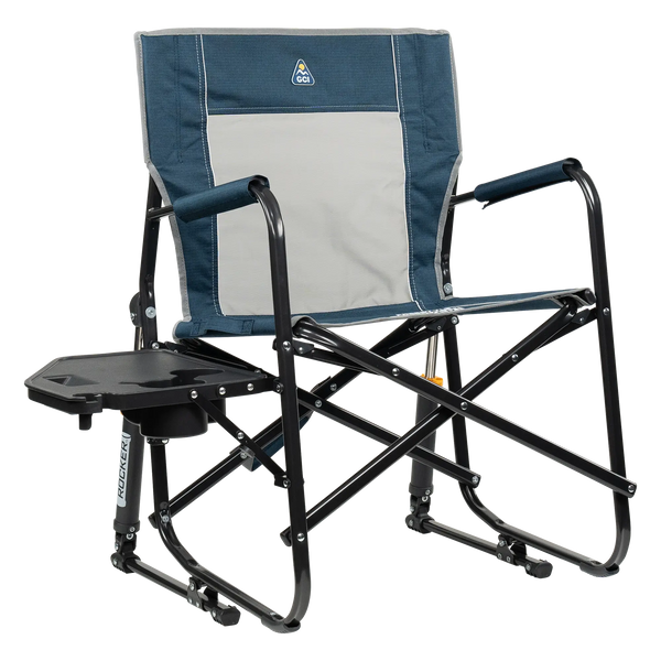 Heavy-Duty Freestyle Freestyle Rocker with Side Table - Choice 853 - Patented Spring-Action Rocking Chair for Camping - Heathered Indigo