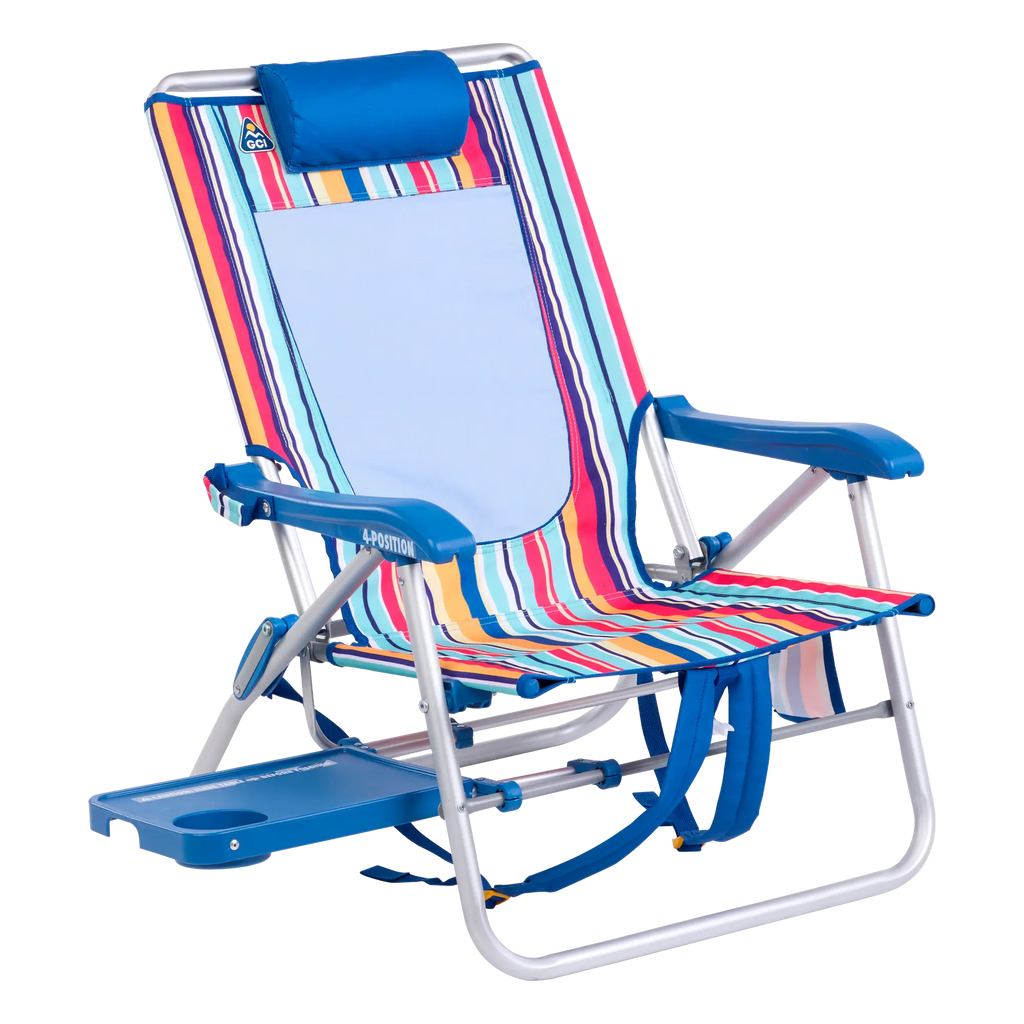 Rust-Resistant Aluminum Big Surf with Slide Table - Choice 334 - Low-Profile Reclining Beach Chair with Backpack Straps - Multi Stripe