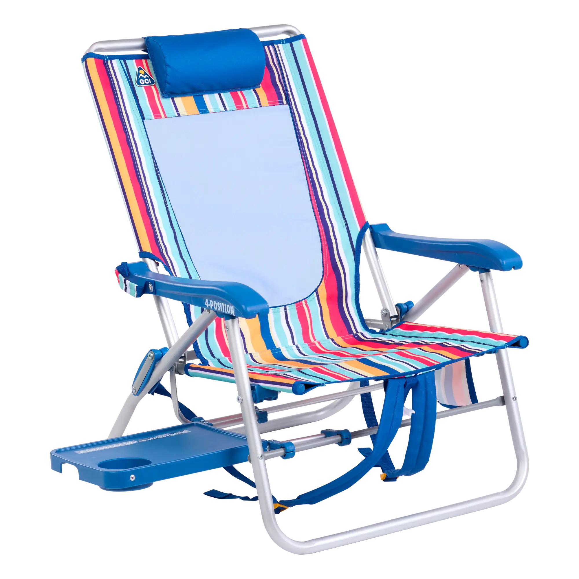 Rust-Resistant Aluminum Big Surf with Slide Table - Choice 334 - Low-Profile Reclining Beach Chair with Backpack Straps - Multi Stripe