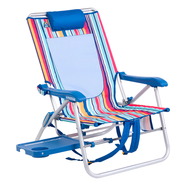 Rust-Resistant Aluminum Big Surf with Slide Table - Choice 334 - Low-Profile Reclining Beach Chair with Backpack Straps - Multi Stripe