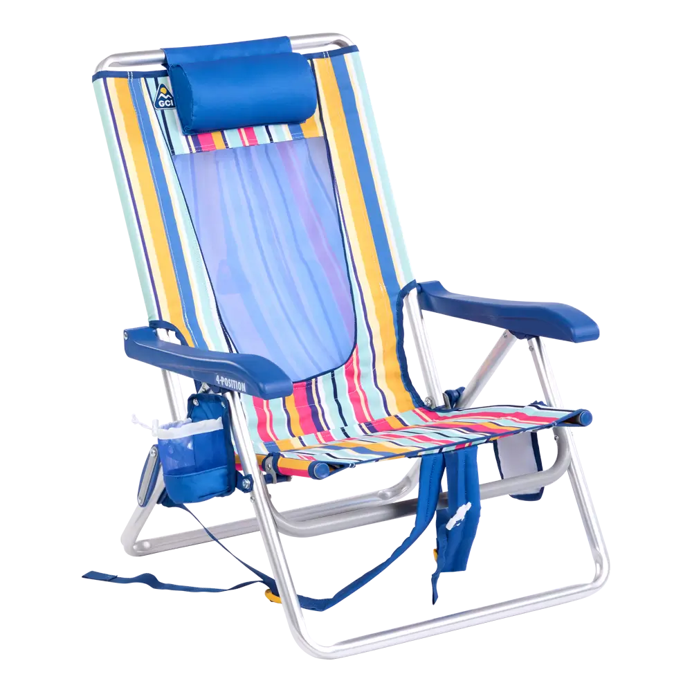 Low-Profile Backpack Beach Chair - Choice 709 - Multi-Position Outdoor Beach Chair with Pillow - Multi Stripe