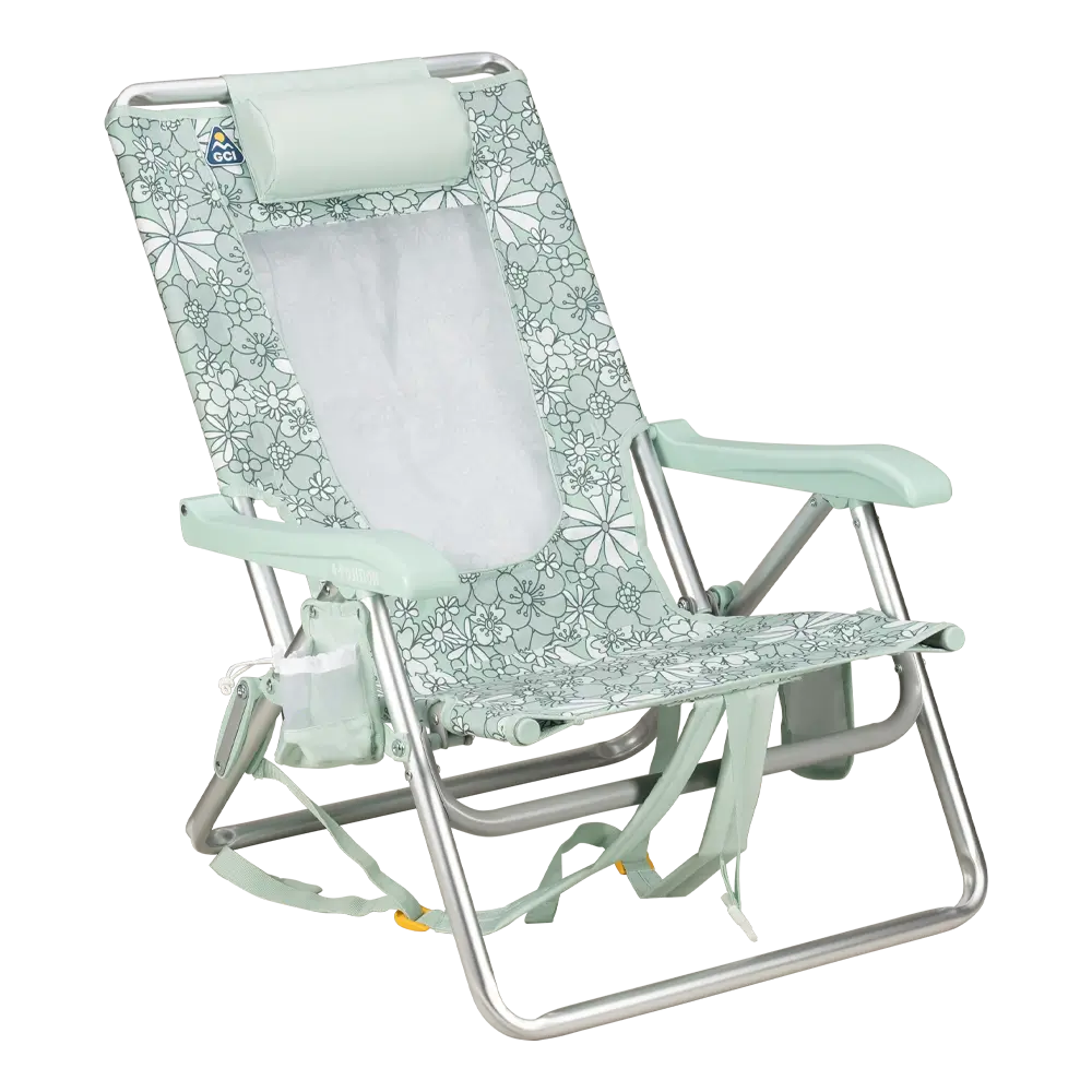 Low-Profile Backpack Beach Chair - Choice 709 - Multi-Position Outdoor Beach Chair with Pillow - Floral Pastel Green