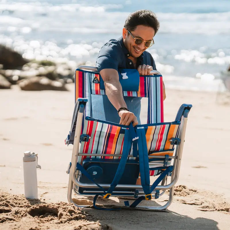 Rust-Resistant Aluminum Big Surf with Slide Table - Choice 334 - Low-Profile Reclining Beach Chair with Backpack Straps Detail