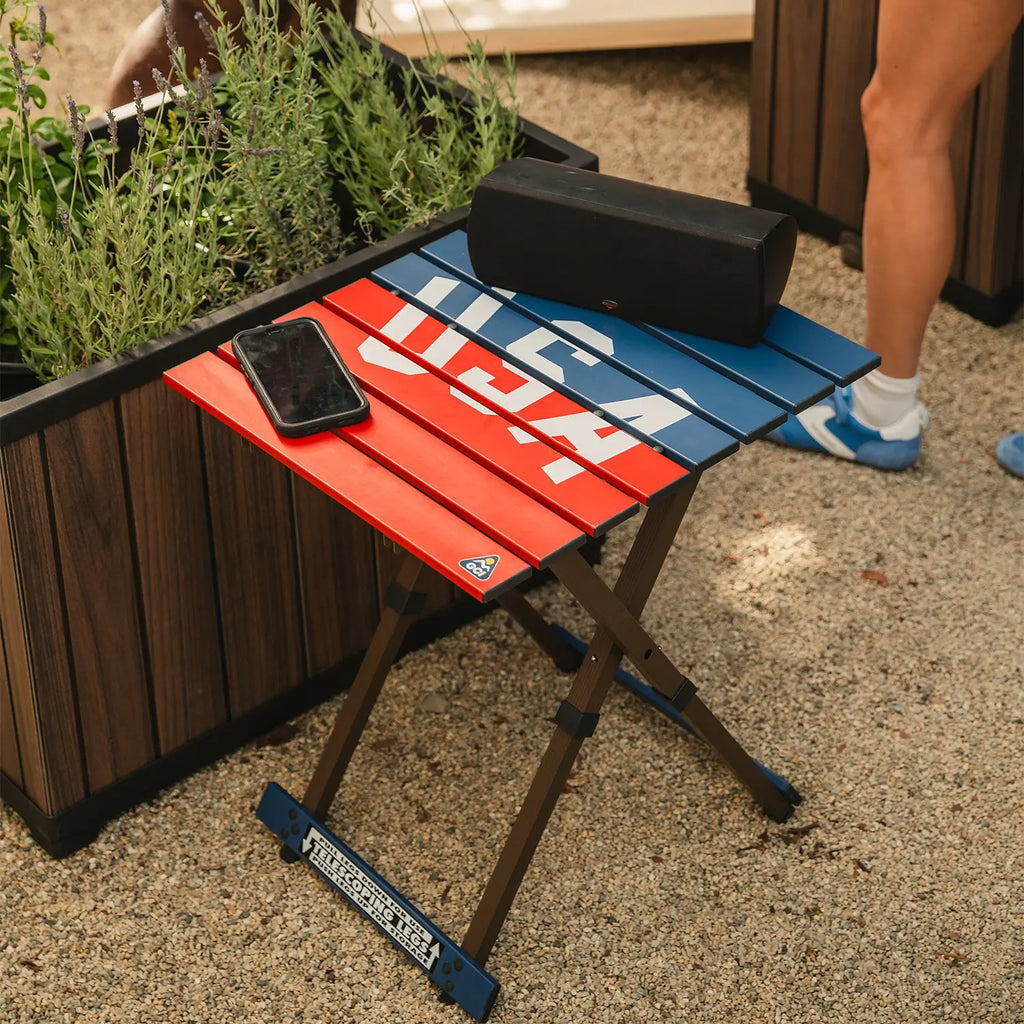 Multi-Functional Cook Compact Camp Table 20 - USA Anniversary Deluxe - Choice 757 - Slim-Fold Outdoor Cook Station with Storage Shelves Detail