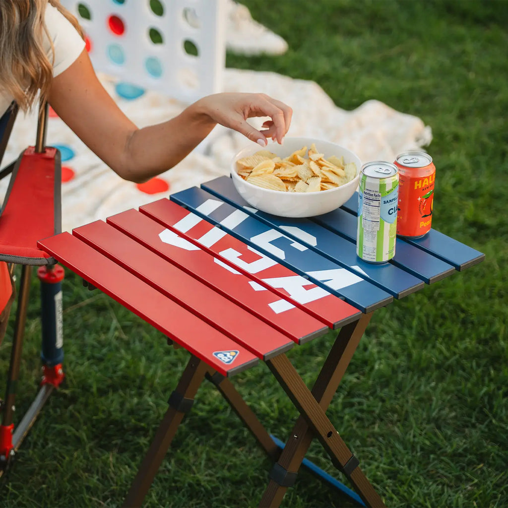 Multi-Functional Cook Compact Camp Table 20 - USA Anniversary Deluxe - Choice 757 - Slim-Fold Outdoor Cook Station with Storage Shelves Detail