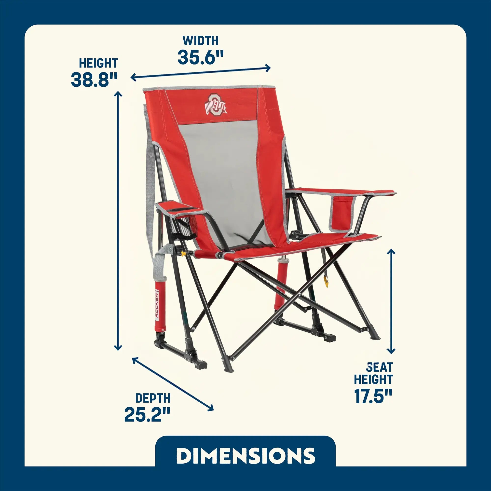 Luxury Camp College Comfort Pro Rocker - Ohio State Buckeyes - Choice 676 - Patented Spring-Action Rocking Chair for Camping Detail