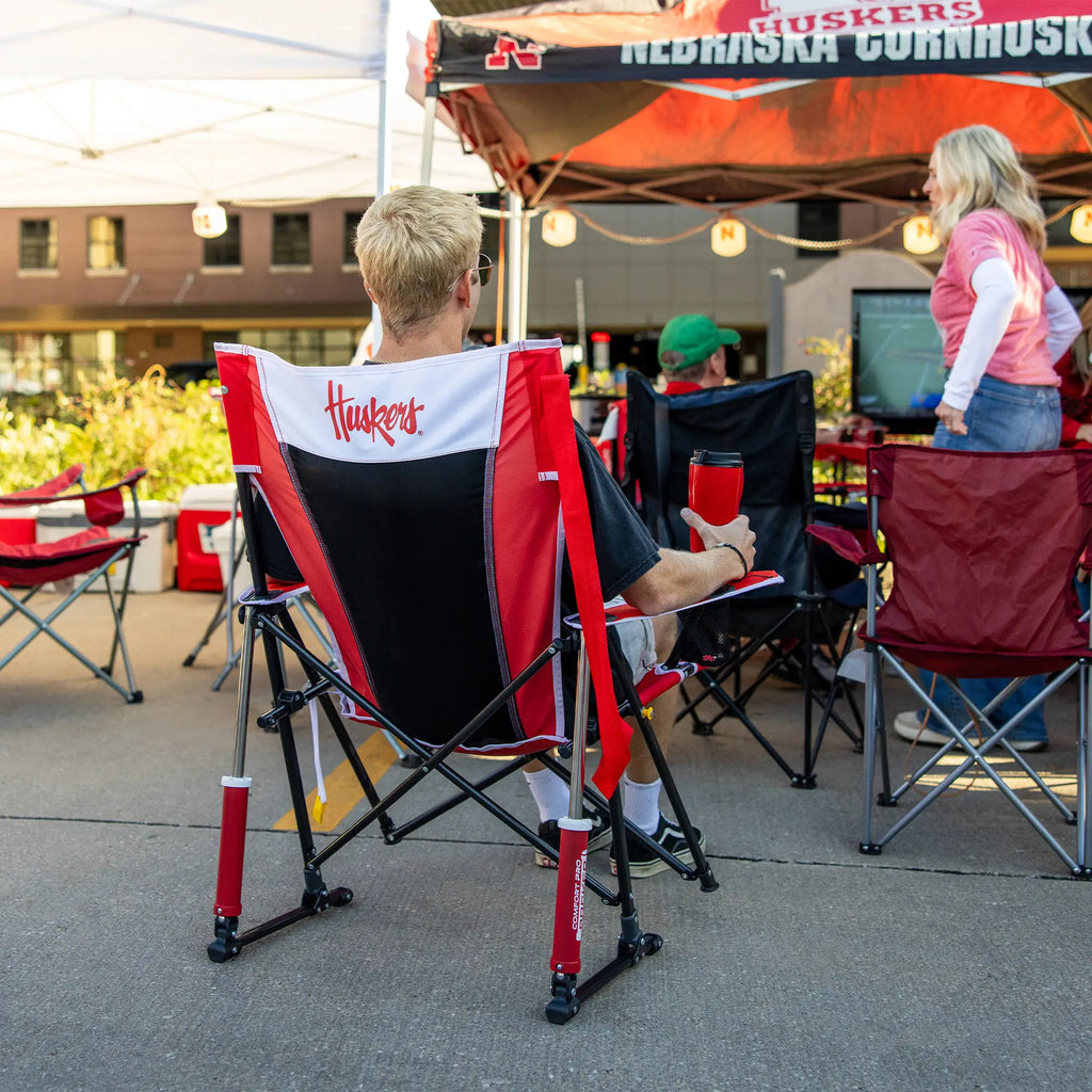 Luxury Camp College Comfort Pro Rocker - Nebraska Cornhuskers - Choice 161 - Heavy-Duty Kickback Rocker with Beverage Holder Detail