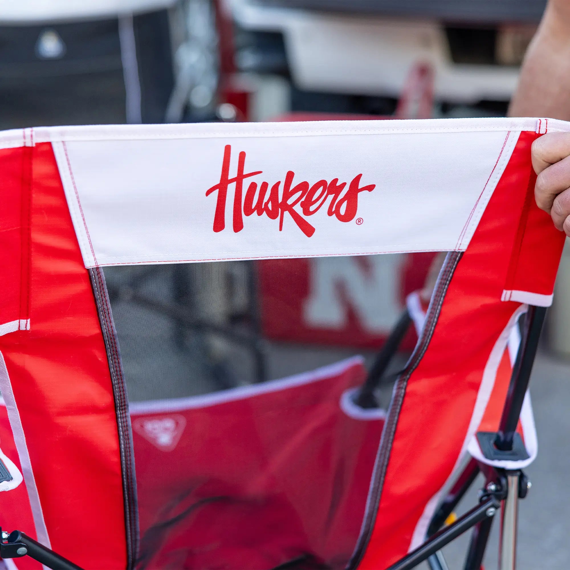 Luxury Camp College Comfort Pro Rocker - Nebraska Cornhuskers - Choice 161 - Heavy-Duty Kickback Rocker with Beverage Holder Detail