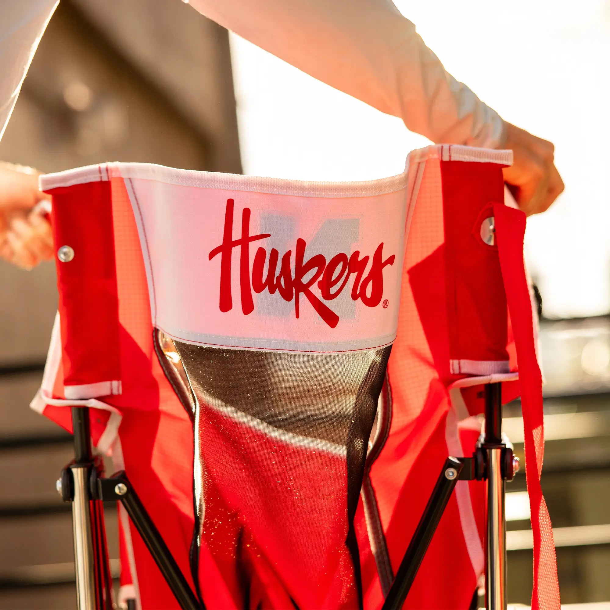 Luxury Camp College Comfort Pro Rocker - Nebraska Cornhuskers - Choice 161 - Heavy-Duty Kickback Rocker with Beverage Holder Detail