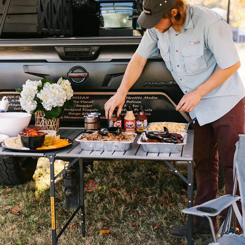 Portable Staging Slim-Fold Table - Choice 196 - Slim-Fold Outdoor Cook Station with Storage Shelves Detail