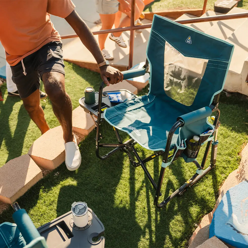 Patented Spring-Action Stowaway Rocker with Side Table - Choice 253 - Freestyle Rocker Portable Outdoor Folding Chair Detail