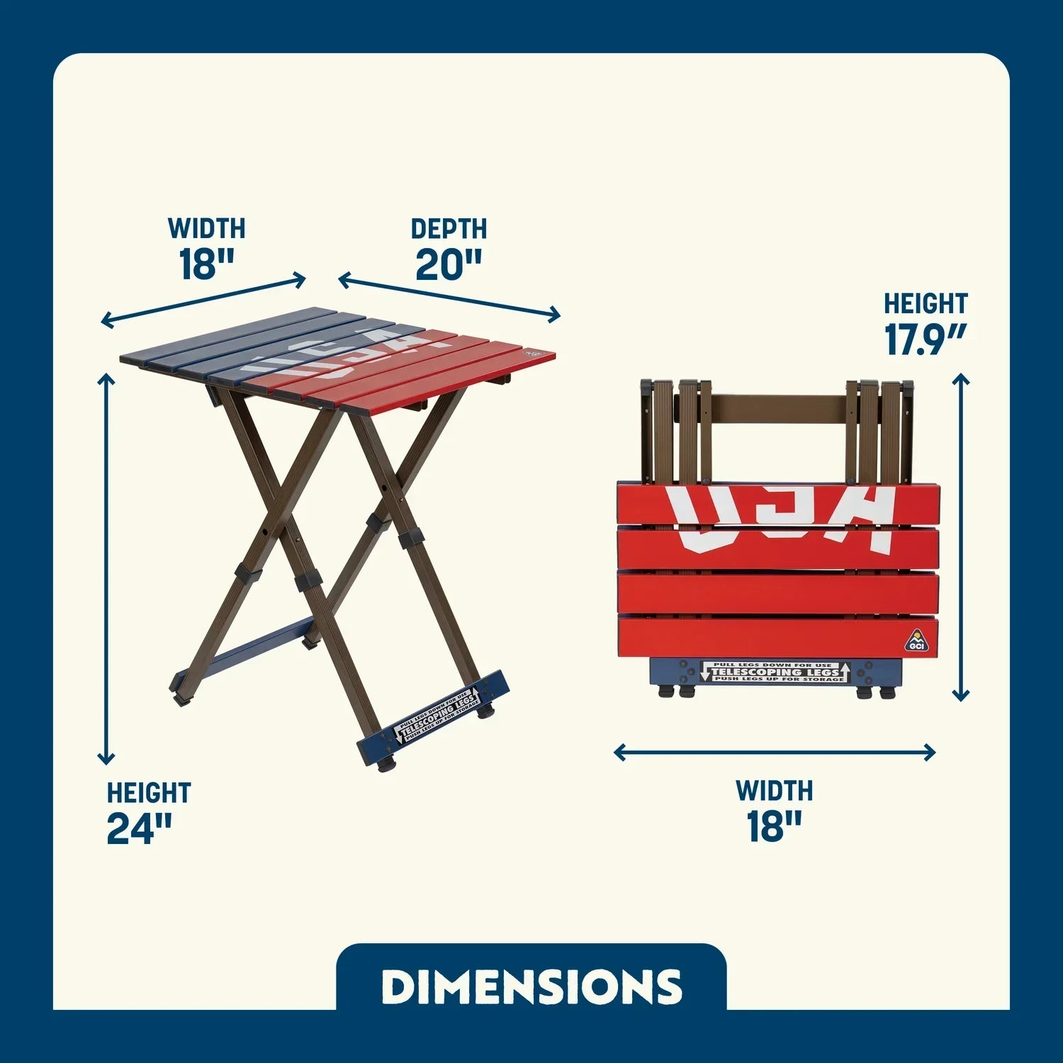 Multi-Functional Cook Compact Camp Table 20 - USA Anniversary Deluxe - Choice 757 - Slim-Fold Outdoor Cook Station with Storage Shelves Detail