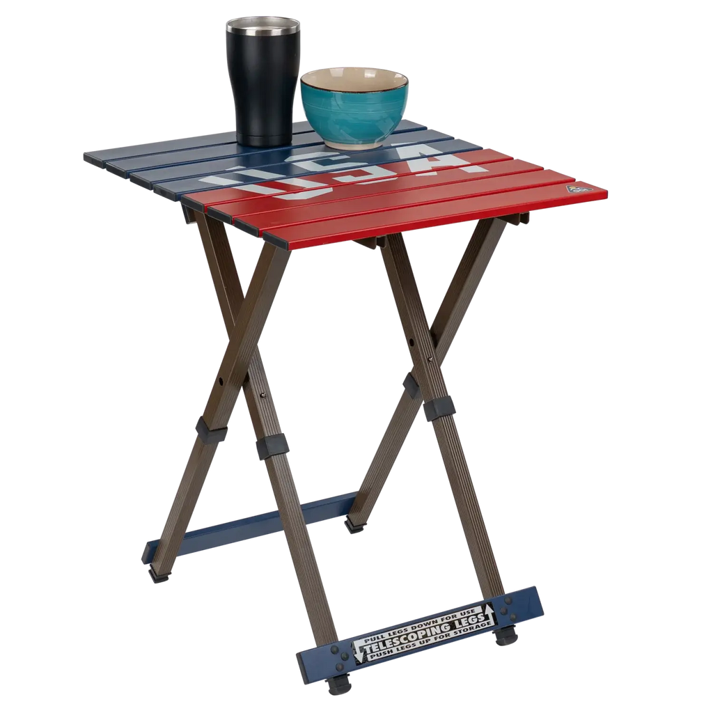 Multi-Functional Cook Compact Camp Table 20 - USA Anniversary Deluxe - Choice 757 - Slim-Fold Outdoor Cook Station with Storage Shelves Detail