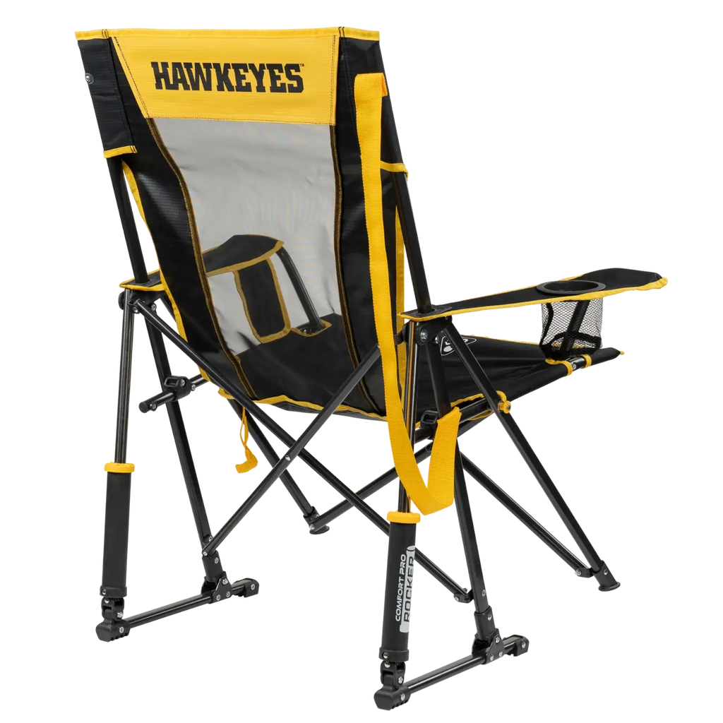 Luxury Camp College Comfort Pro Rocker - Iowa Hawkeyes - Choice 249 - Heavy-Duty Kickback Rocker with Beverage Holder Detail