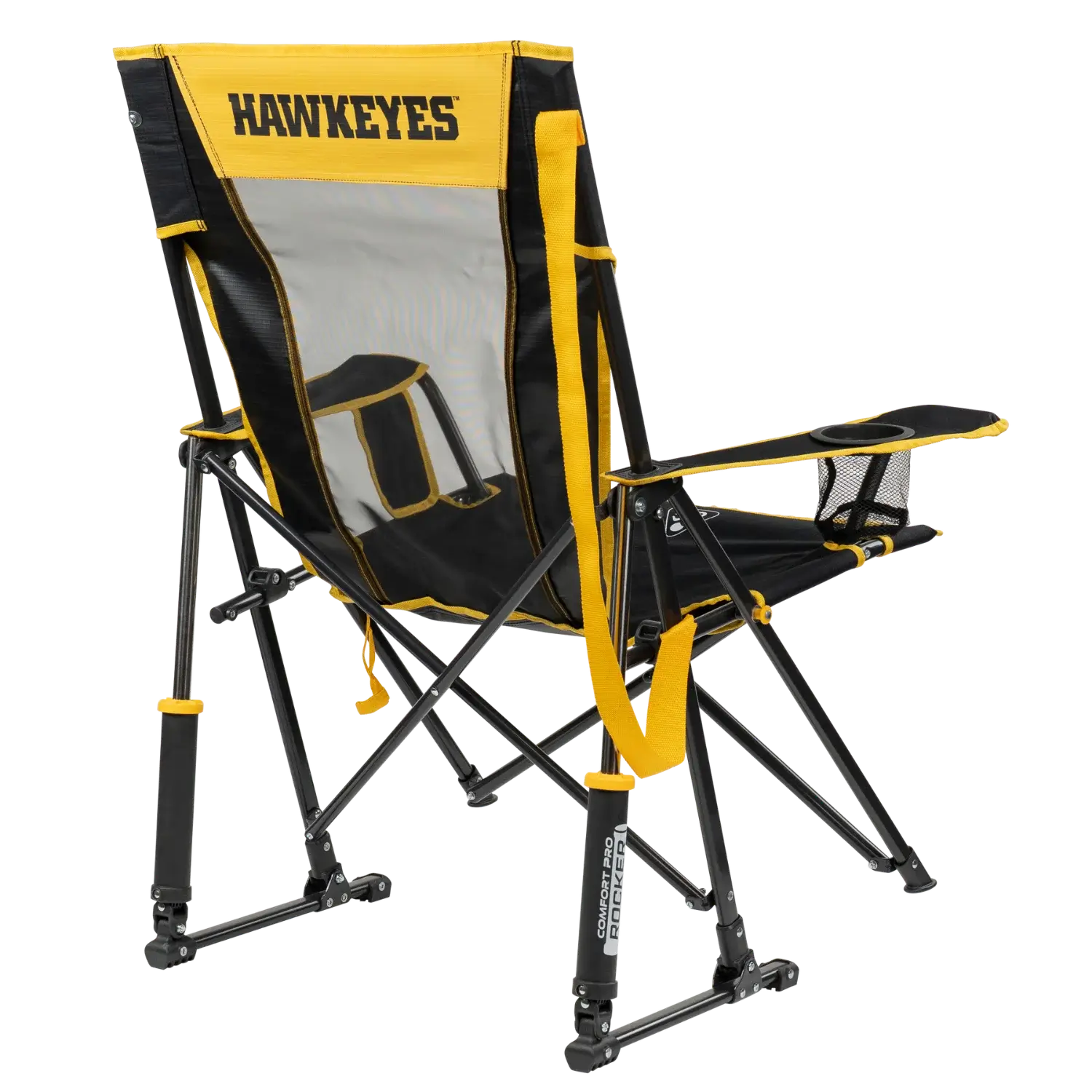 Luxury Camp College Comfort Pro Rocker - Iowa Hawkeyes - Choice 249 - Heavy-Duty Kickback Rocker with Beverage Holder Detail