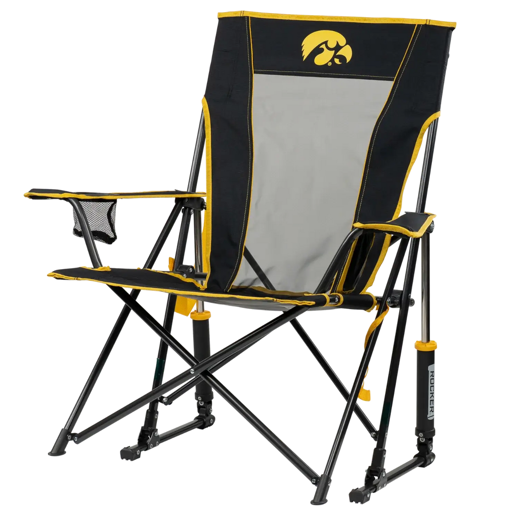 Luxury Camp College Comfort Pro Rocker - Iowa Hawkeyes - Choice 249 - Heavy-Duty Kickback Rocker with Beverage Holder Detail