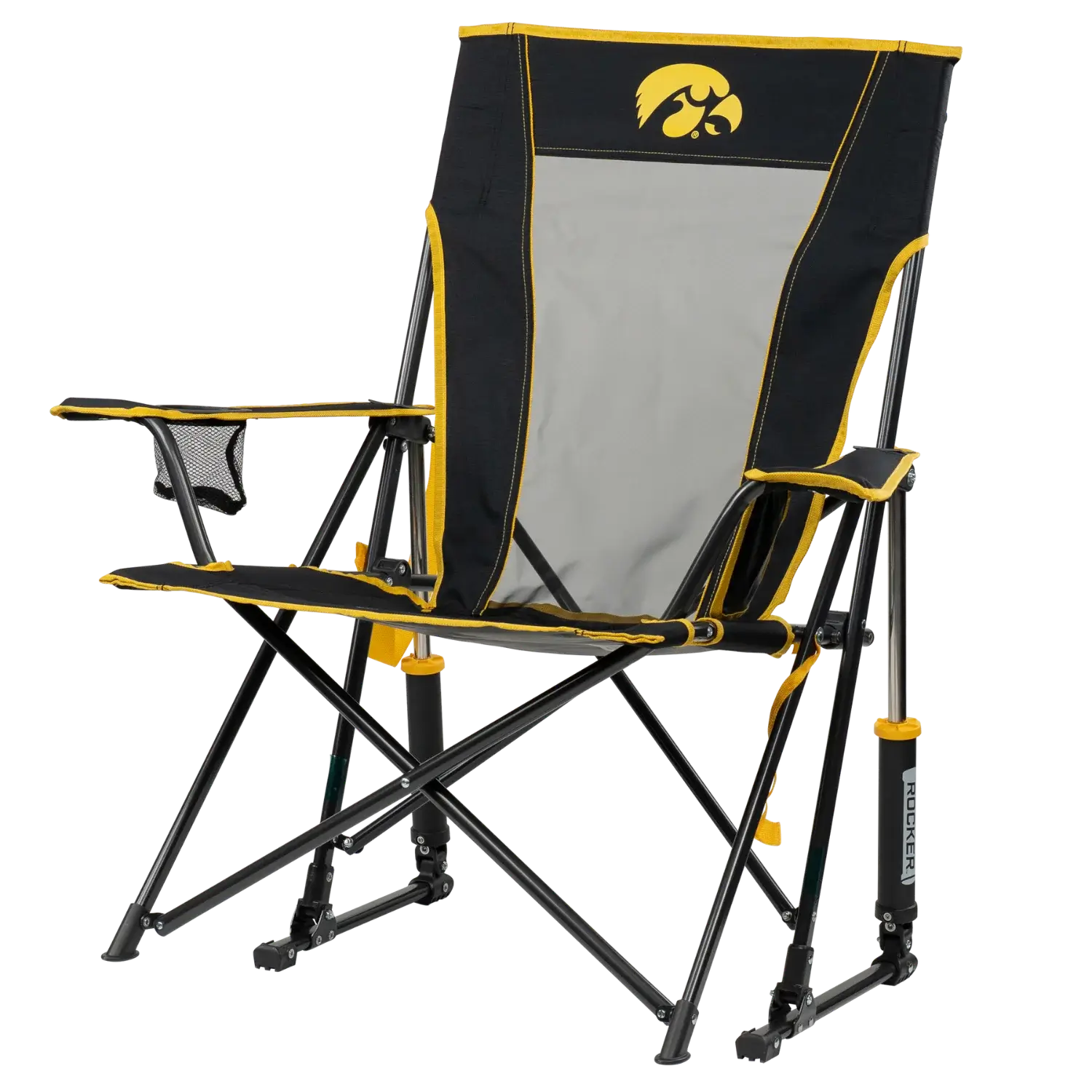 Luxury Camp College Comfort Pro Rocker - Iowa Hawkeyes - Choice 249 - Heavy-Duty Kickback Rocker with Beverage Holder Detail