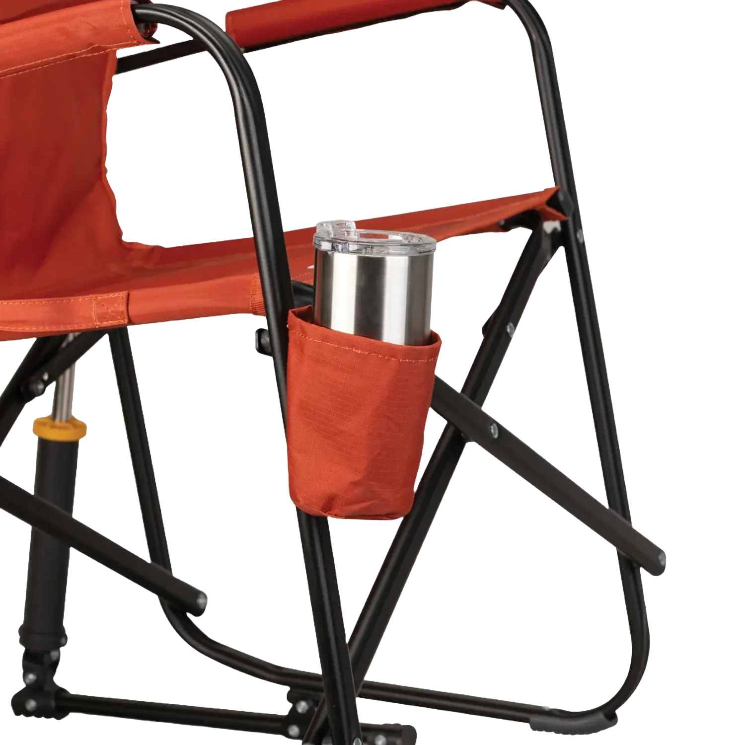 Luxury Camp Freestyle Rocker - Pumpkin Spice - Choice 373 - Heavy-Duty Kickback Rocker with Beverage Holder Detail