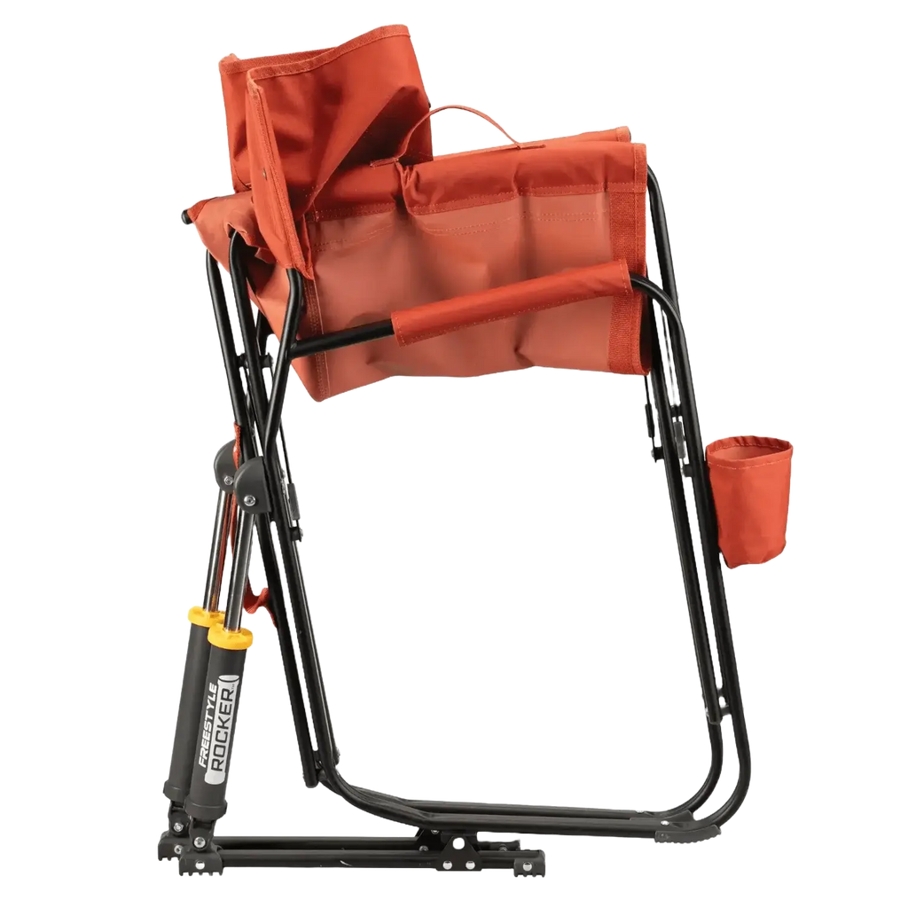 Luxury Camp Freestyle Rocker - Pumpkin Spice - Choice 373 - Heavy-Duty Kickback Rocker with Beverage Holder Detail