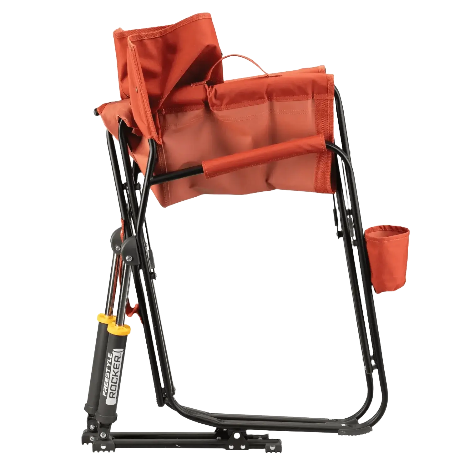Luxury Camp Freestyle Rocker - Pumpkin Spice - Choice 373 - Heavy-Duty Kickback Rocker with Beverage Holder Detail