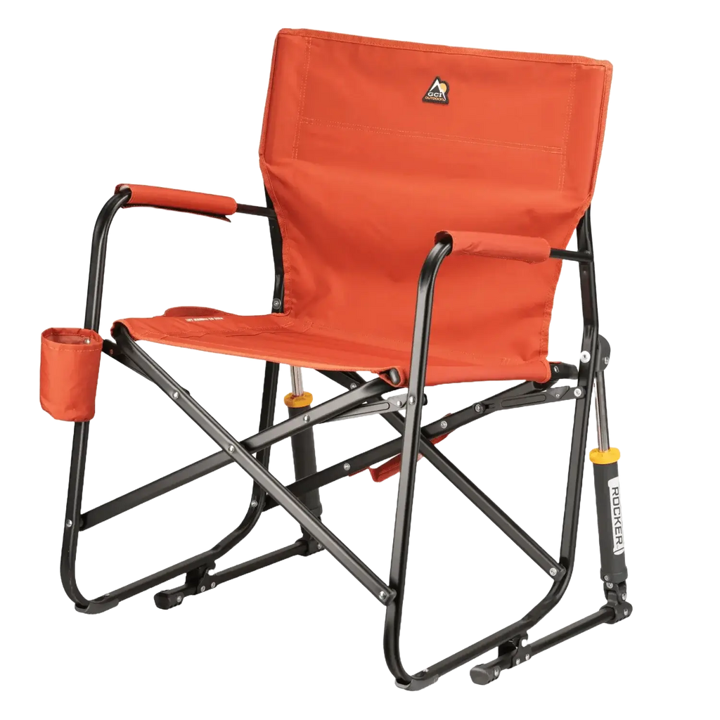 Luxury Camp Freestyle Rocker - Pumpkin Spice - Choice 373 - Heavy-Duty Kickback Rocker with Beverage Holder Detail