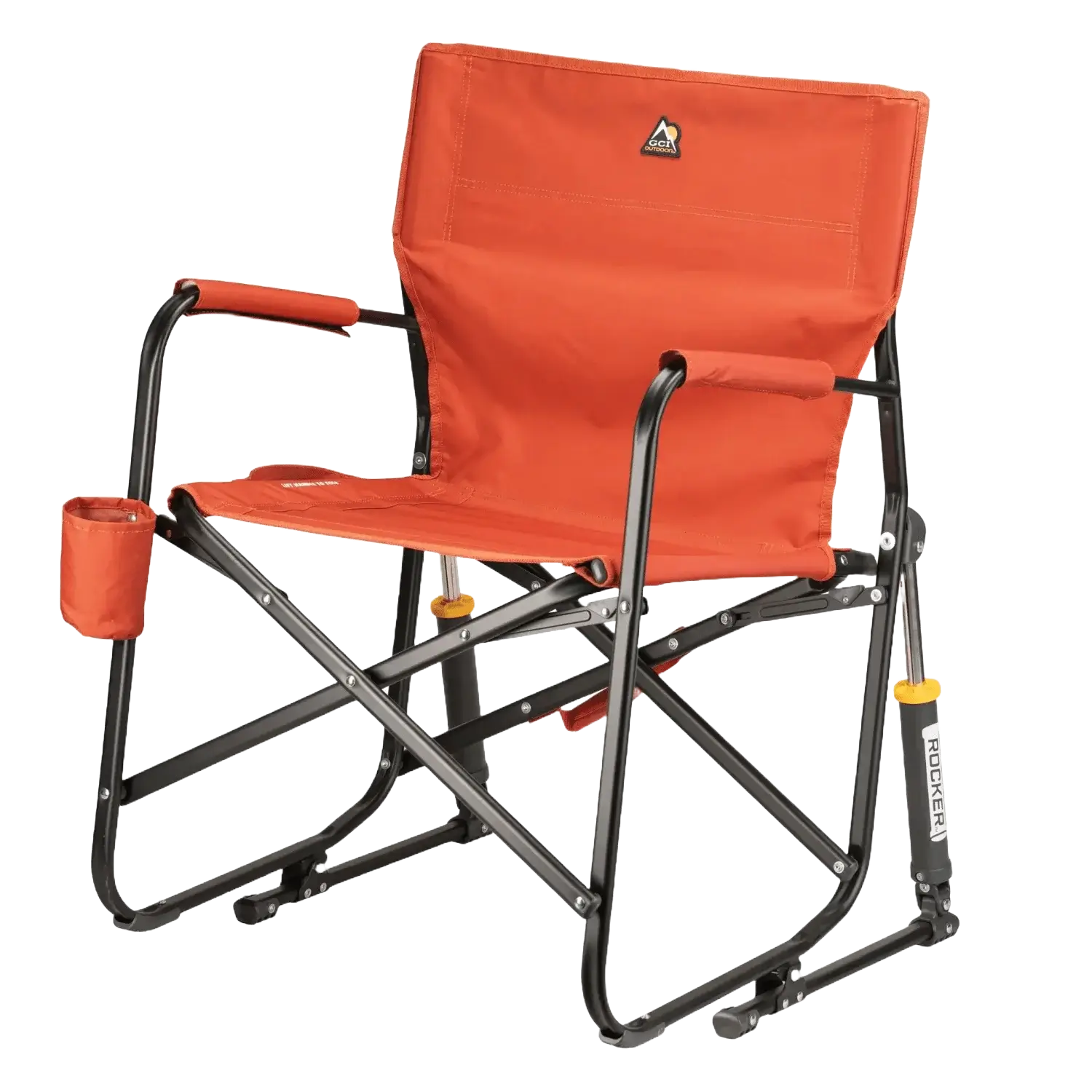 Luxury Camp Freestyle Rocker - Pumpkin Spice - Choice 373 - Heavy-Duty Kickback Rocker with Beverage Holder Detail