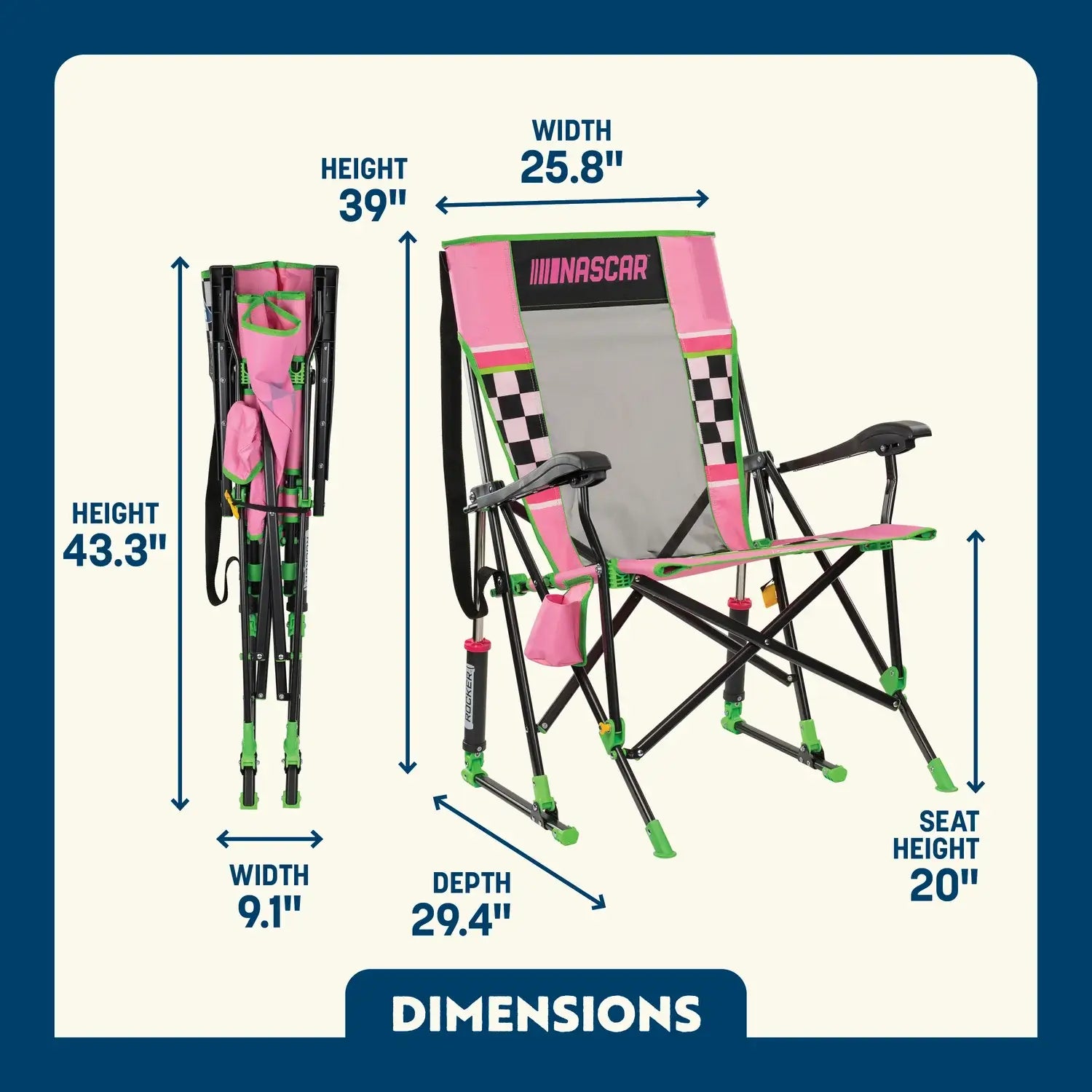 Premium All-Weather RoadTrip Rocker - NASCAR For Her - Choice 560 - Patented Spring-Action Rocking Chair for Camping Detail