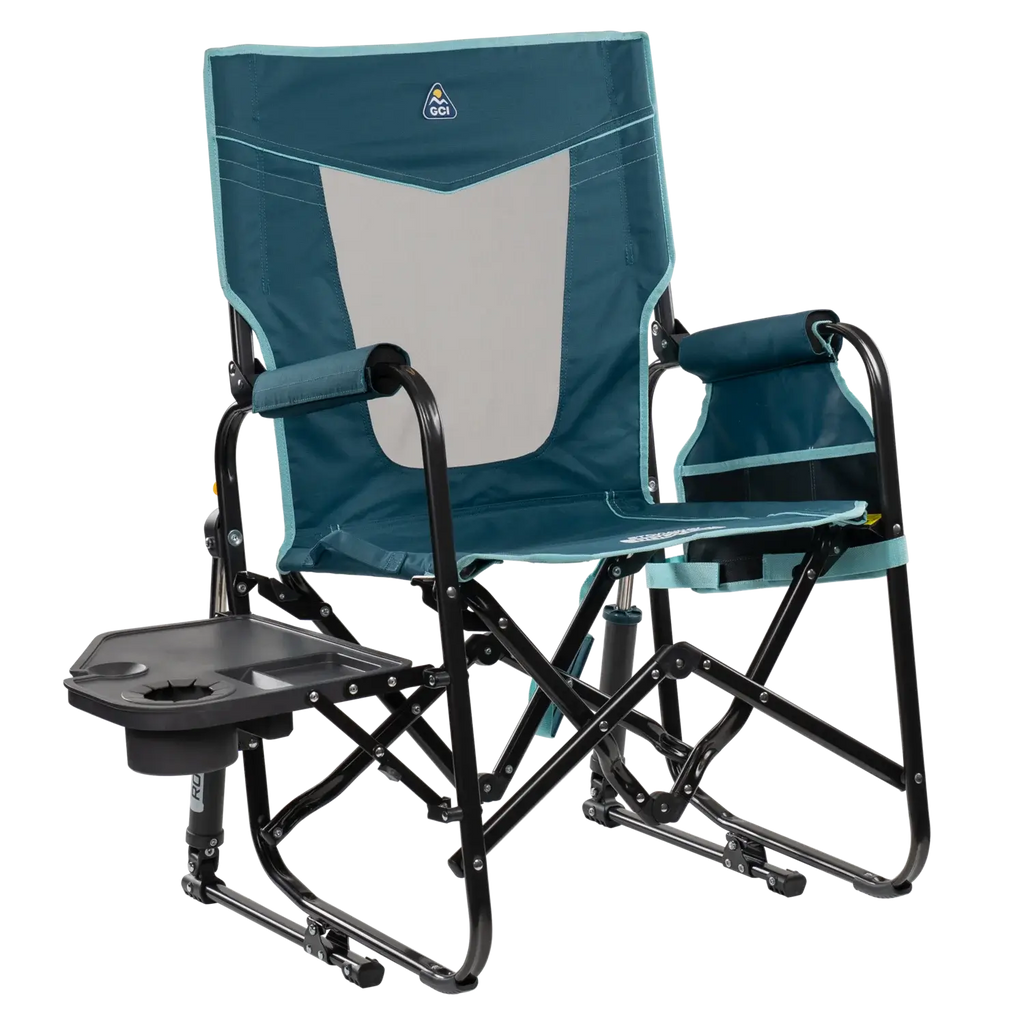 Patented Spring-Action Stowaway Rocker with Side Table - Choice 253 - Freestyle Rocker Portable Outdoor Folding Chair - Teal
